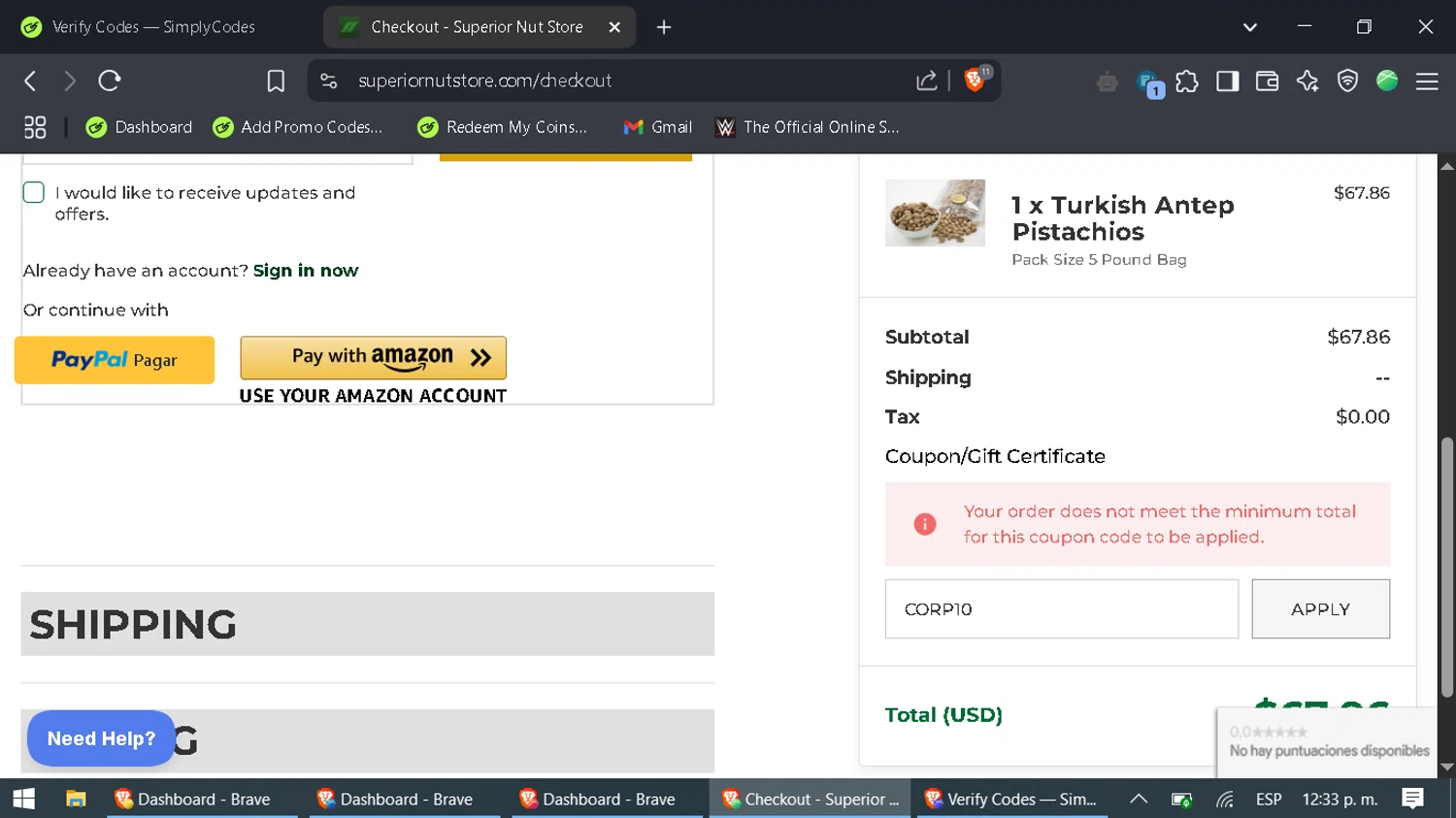 Superior Nut Store coupon code screenshot showing code CORP10 applied at Superior Nut Store checkout page. Uploaded by SimplyCodes community member SaleAdmiral9379 on May 11, 2025