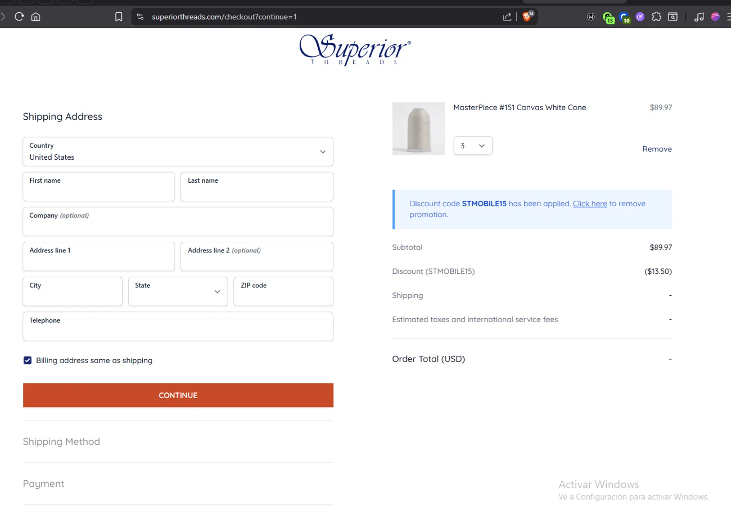 Superior Threads checkout page showing Superior Threads promo code box | Screenshot taken by SimplyCodes community member on Nov 25, 2025