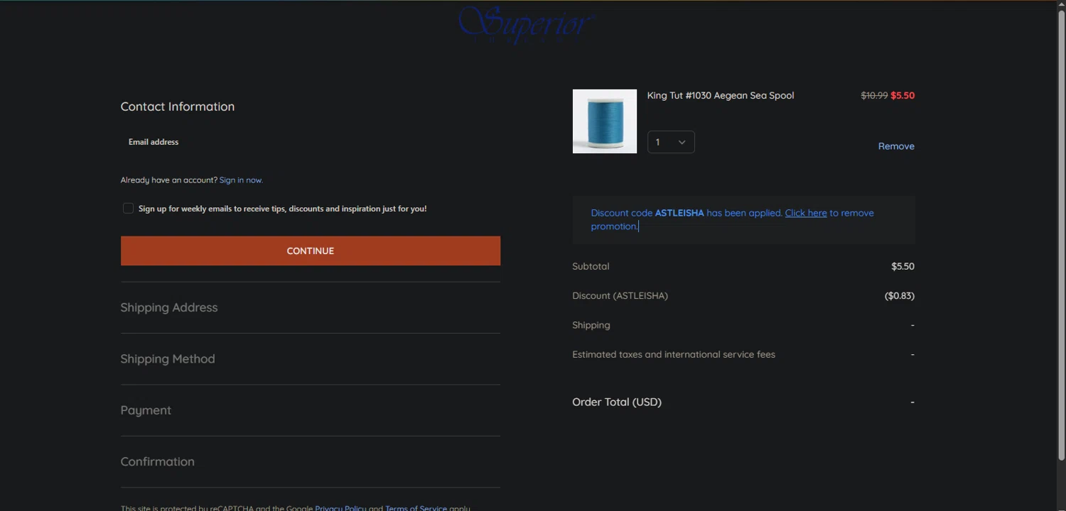 Superior Threads promo code screenshot showing code ASTLEISHA applied at Superior Threads checkout page. Uploaded by SimplyCodes community member Nor_man on Jun 28, 2025