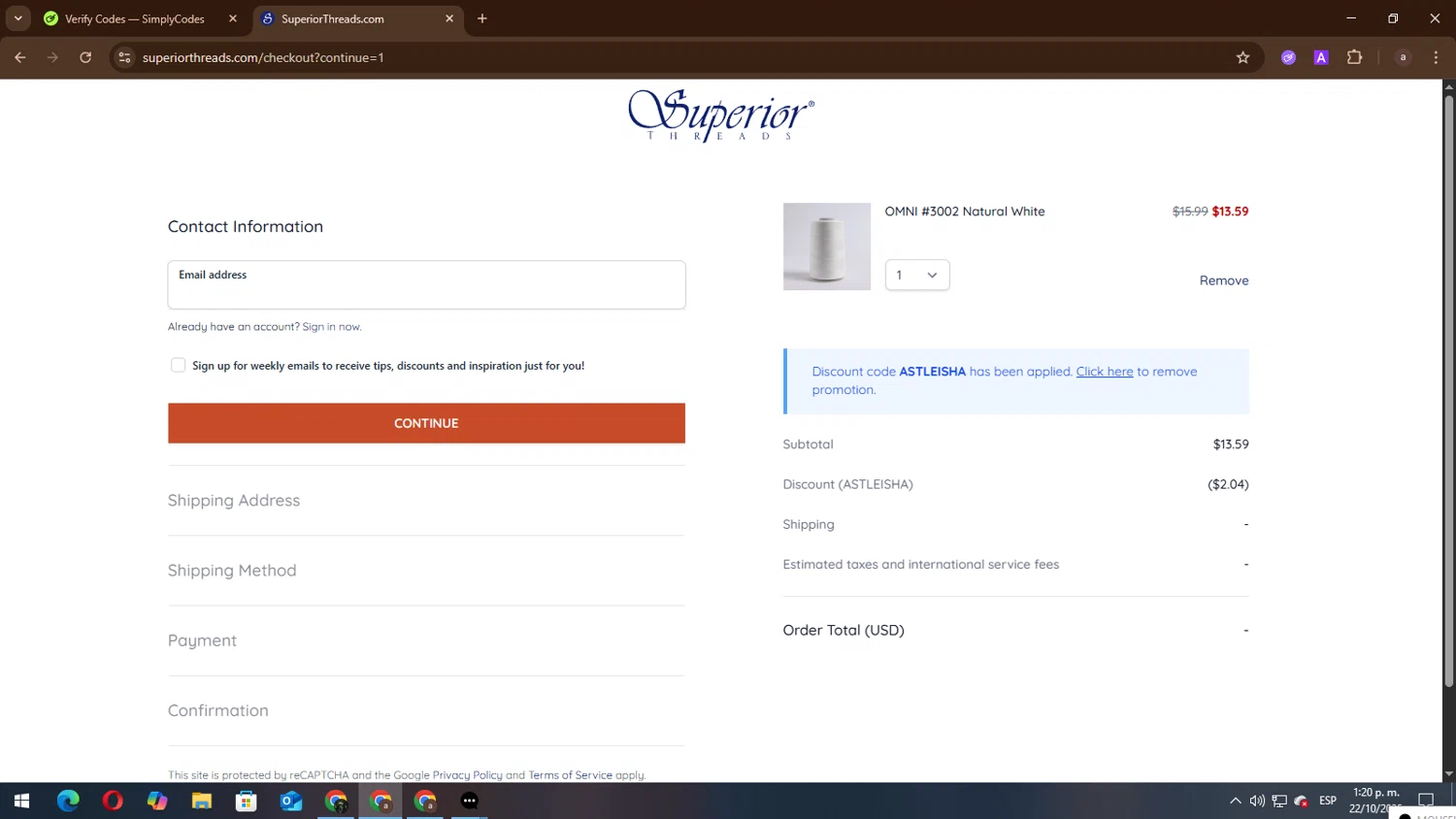 Superior Threads promo code screenshot showing code ASTLEISHA applied at Superior Threads checkout page. Uploaded by SimplyCodes community member lisandro on Oct 22, 2025