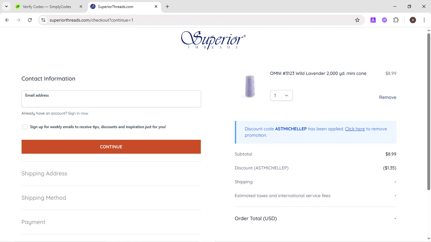 Superior Threads promo code screenshot showing code ASTMICHELLEP applied at Superior Threads checkout page. Uploaded by SimplyCodes community member CodeMaverick246 on Jul 27, 2025