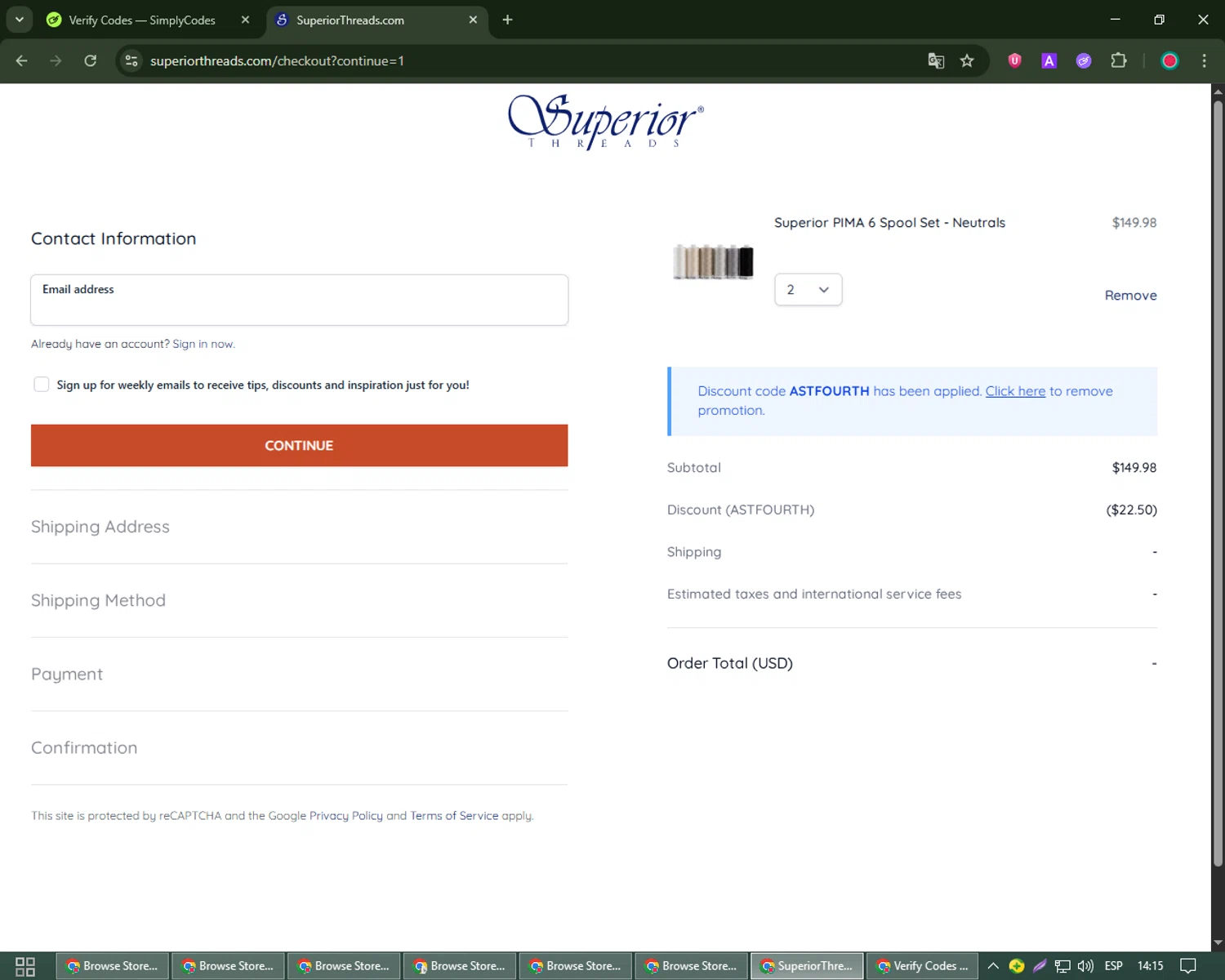Superior Threads promo code screenshot showing code ASTFOURTH applied at Superior Threads checkout page. Uploaded by SimplyCodes community member Robert_Williams on Jul 27, 2025