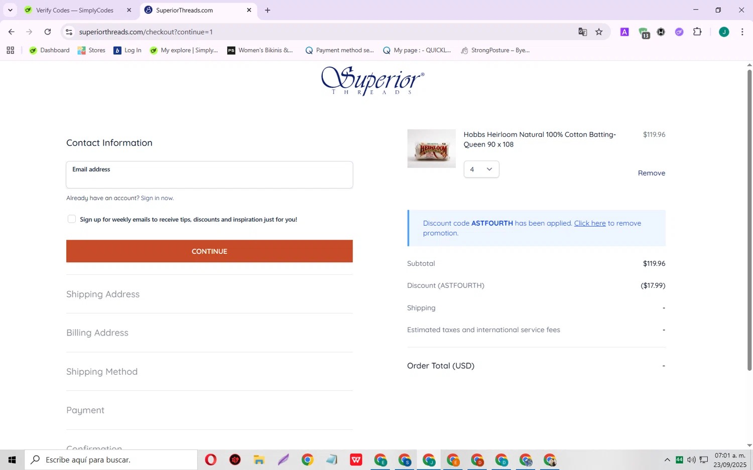 Superior Threads promo code screenshot showing code ASTFOURTH applied at Superior Threads checkout page. Uploaded by SimplyCodes community member SarayH on Sep 23, 2025
