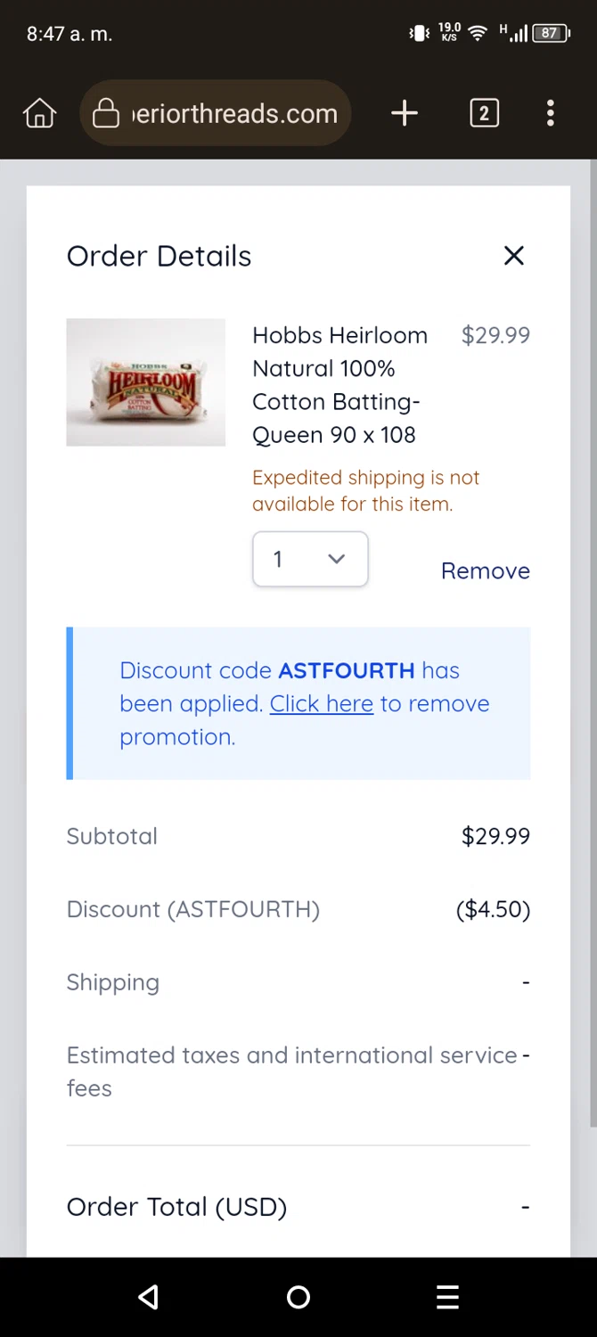 Superior Threads promo code screenshot showing code ASTFOURTH applied at Superior Threads checkout page. Uploaded by SimplyCodes community member Son_Goku on Jun 28, 2025