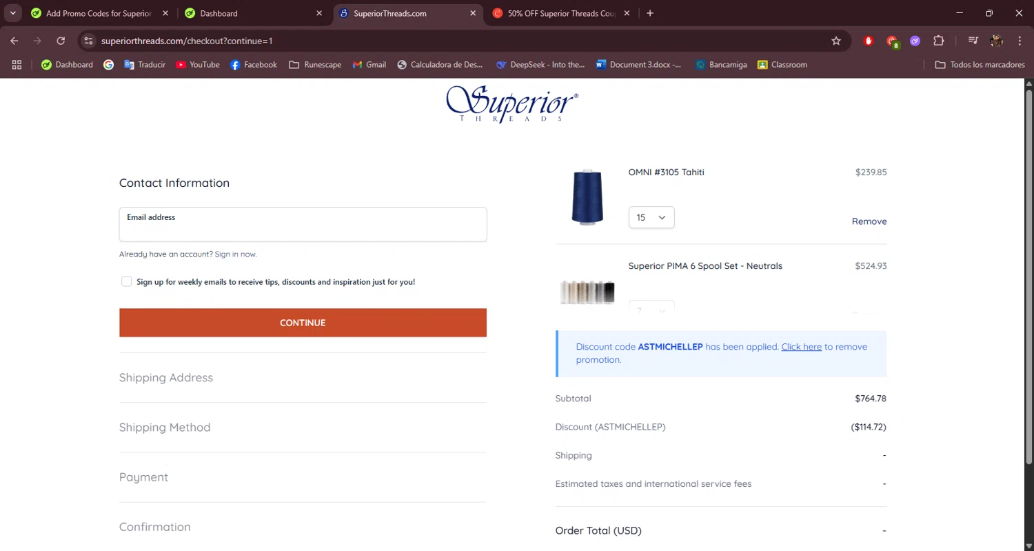 Superior Threads promo code screenshot showing code ASTMICHELLEP applied at Superior Threads checkout page. Uploaded by SimplyCodes community member AlexanderRangel on May 30, 2025