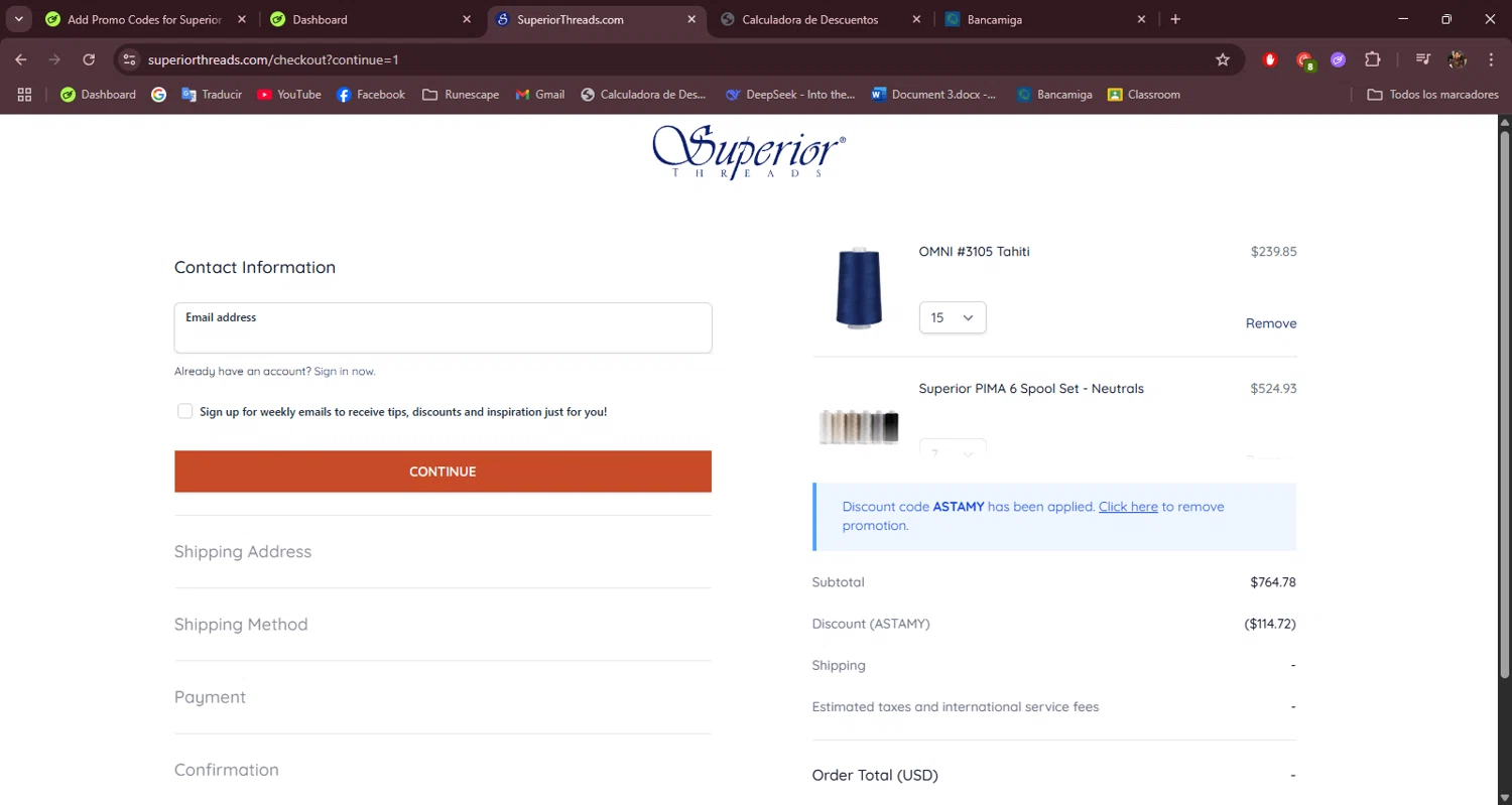 Superior Threads promo code screenshot showing code ASTAMY applied at Superior Threads checkout page. Uploaded by SimplyCodes community member AlexanderRangel on May 30, 2025
