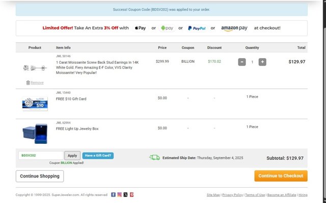 SuperJeweler checkout page showing SuperJeweler promo code box | Screenshot taken by SimplyCodes community member on Aug 28, 2025