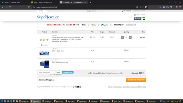 SuperJeweler checkout page showing SuperJeweler promo code box | Screenshot taken by SimplyCodes community member on Aug 28, 2025