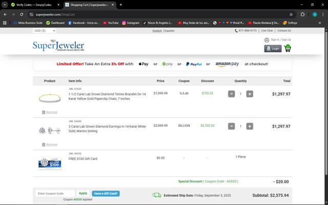 SuperJeweler checkout page showing SuperJeweler promo code box | Screenshot taken by SimplyCodes community member on Sep 1, 2025