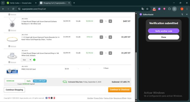 SuperJeweler checkout page showing SuperJeweler promo code box | Screenshot taken by SimplyCodes community member on Aug 29, 2025