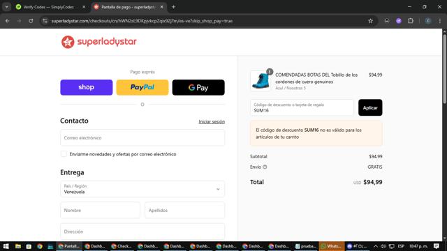 Super Lady Star checkout page showing Super Lady Star discount code box | Screenshot taken by SimplyCodes community member on Sep 12, 2025