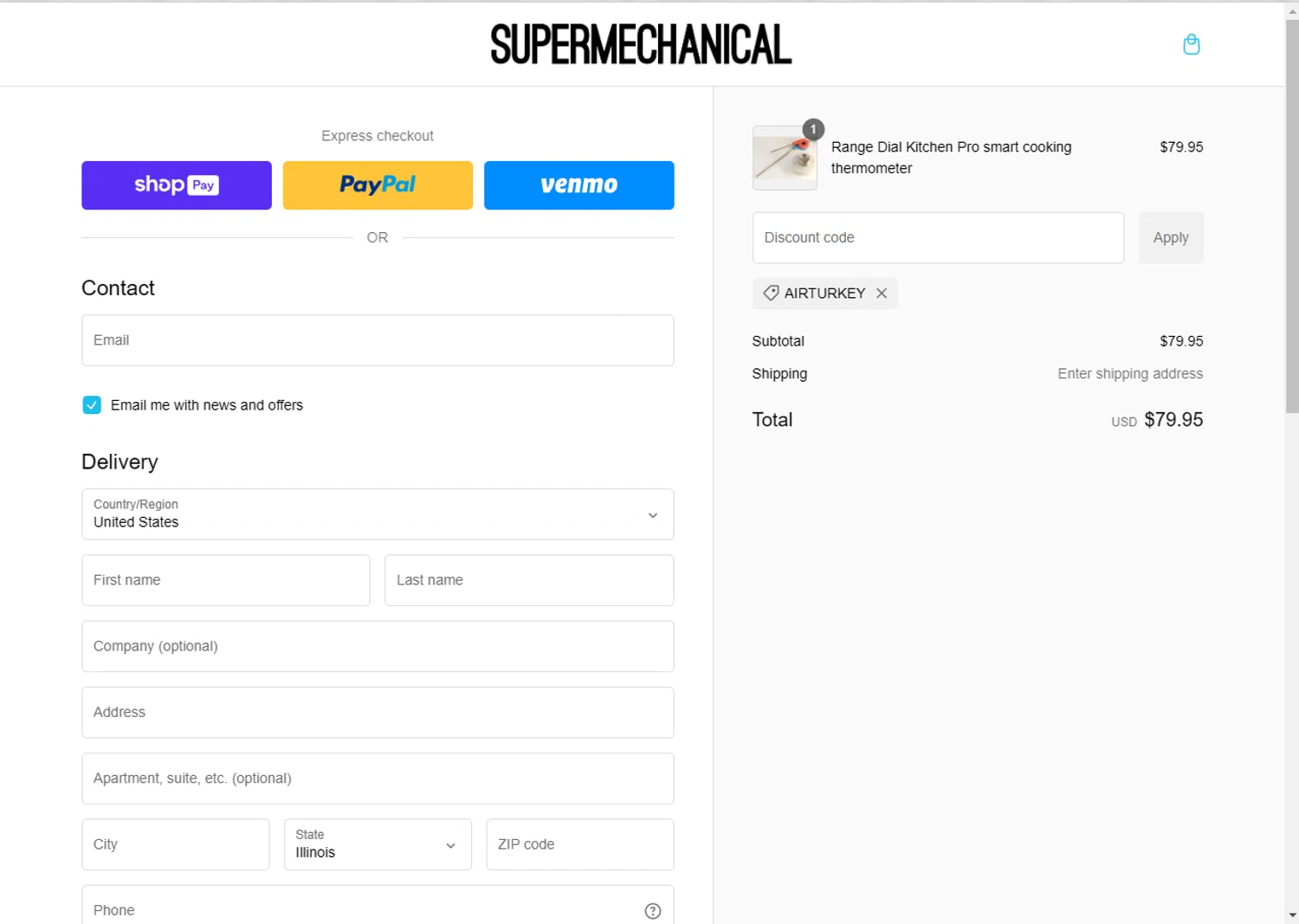 Supermechanical promo code screenshot showing code AIRTURKEY applied at Supermechanical checkout page. Uploaded by SimplyCodes community member rosatulos_423295234 on Jan 13, 2025