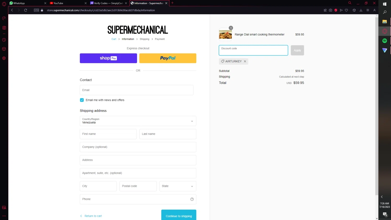 Supermechanical checkout page showing Supermechanical promo code box | Screenshot taken by SimplyCodes community member on Jul 18, 2023