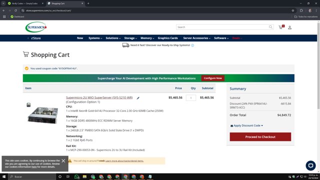 Supermicro checkout page showing Supermicro discount code box | Screenshot taken by SimplyCodes community member on Oct 24, 2024