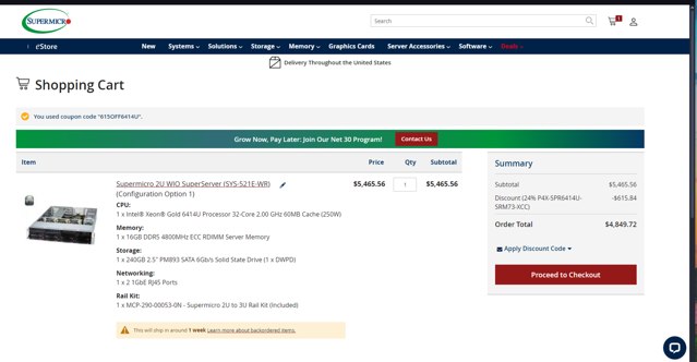 Supermicro checkout page showing Supermicro discount code box | Screenshot taken by SimplyCodes community member on Oct 24, 2024