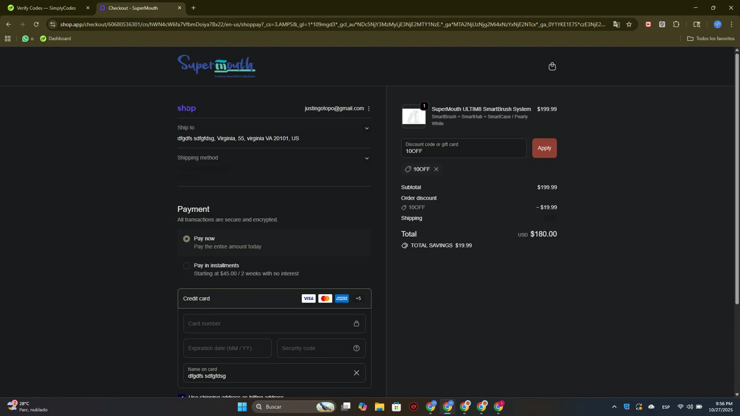 SuperMouth discount code screenshot showing code 10OFF applied at SuperMouth checkout page. Uploaded by SimplyCodes community member PromoTitan1625 on Oct 28, 2025