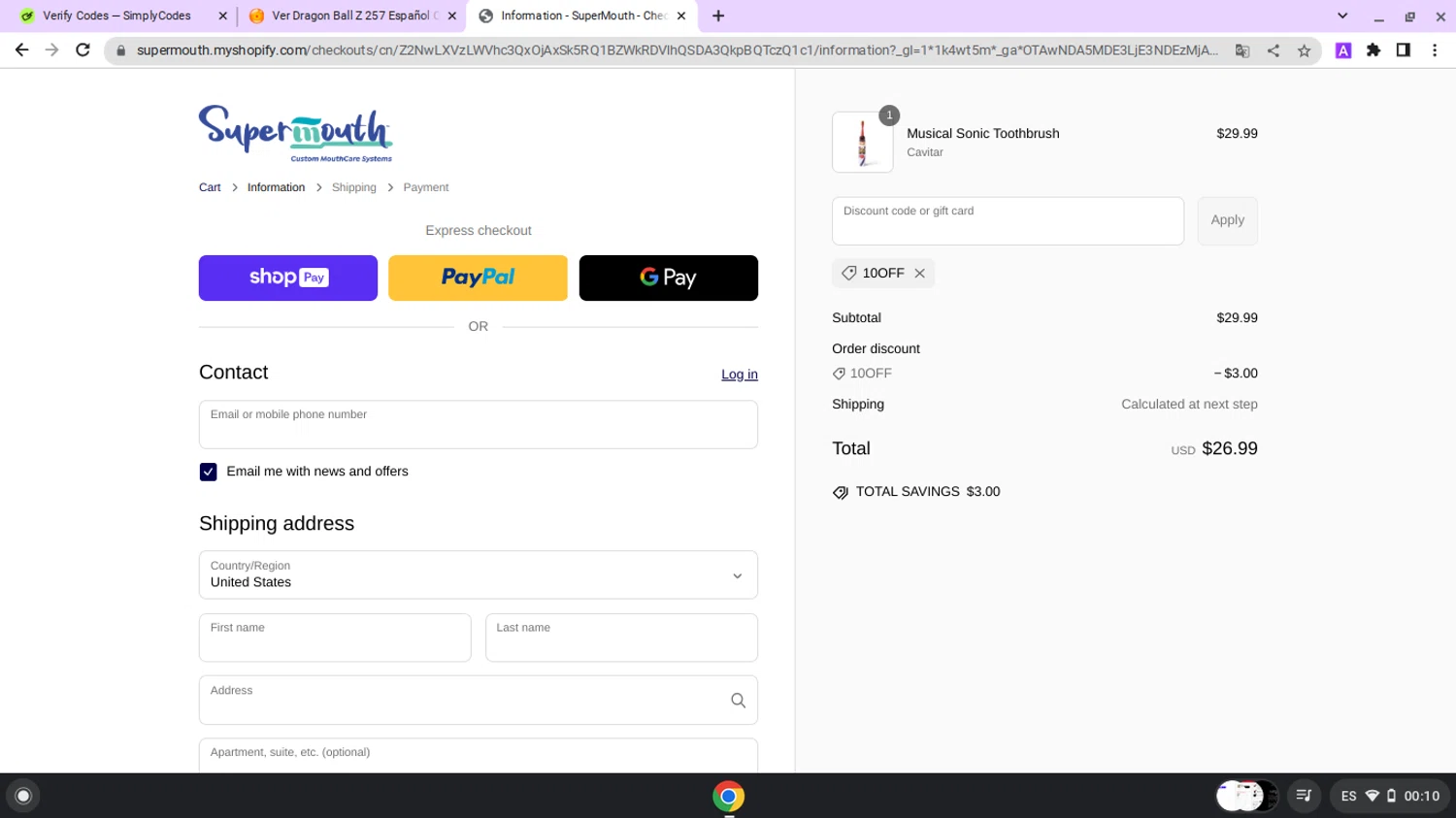 SuperMouth discount code screenshot showing code 10OFF applied at SuperMouth checkout page. Uploaded by SimplyCodes community member lapampita on Mar 7, 2025