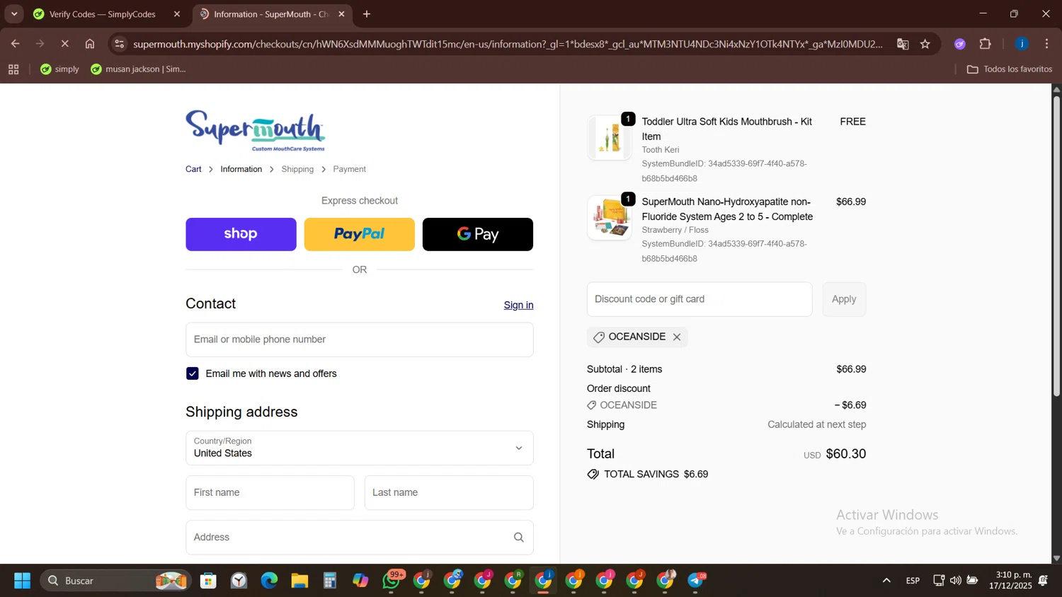 SuperMouth discount code screenshot showing code Oceanside applied at SuperMouth checkout page. Uploaded by SimplyCodes community member yameteqdasai on Dec 17, 2025