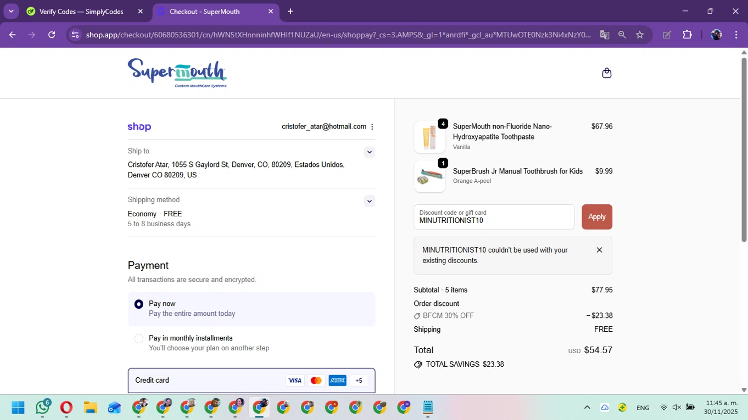 SuperMouth discount code screenshot showing code MINUTRITIONIST10 applied at SuperMouth checkout page. Uploaded by SimplyCodes community member Marielis on Nov 30, 2025