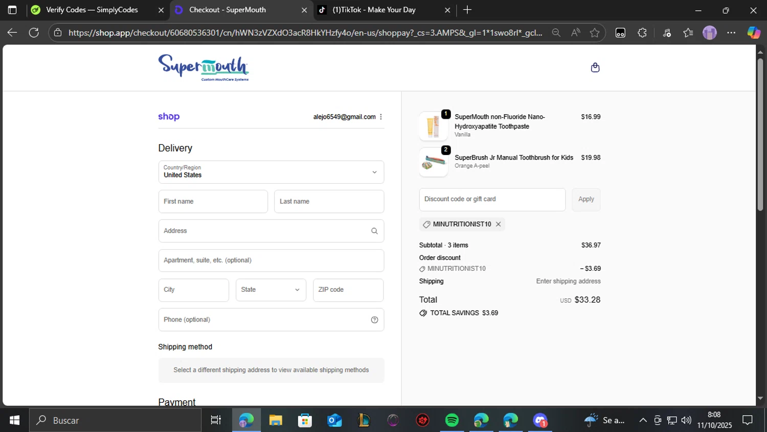 SuperMouth discount code screenshot showing code MINUTRITIONIST10 applied at SuperMouth checkout page. Uploaded by SimplyCodes community member THEBANANA on Oct 11, 2025
