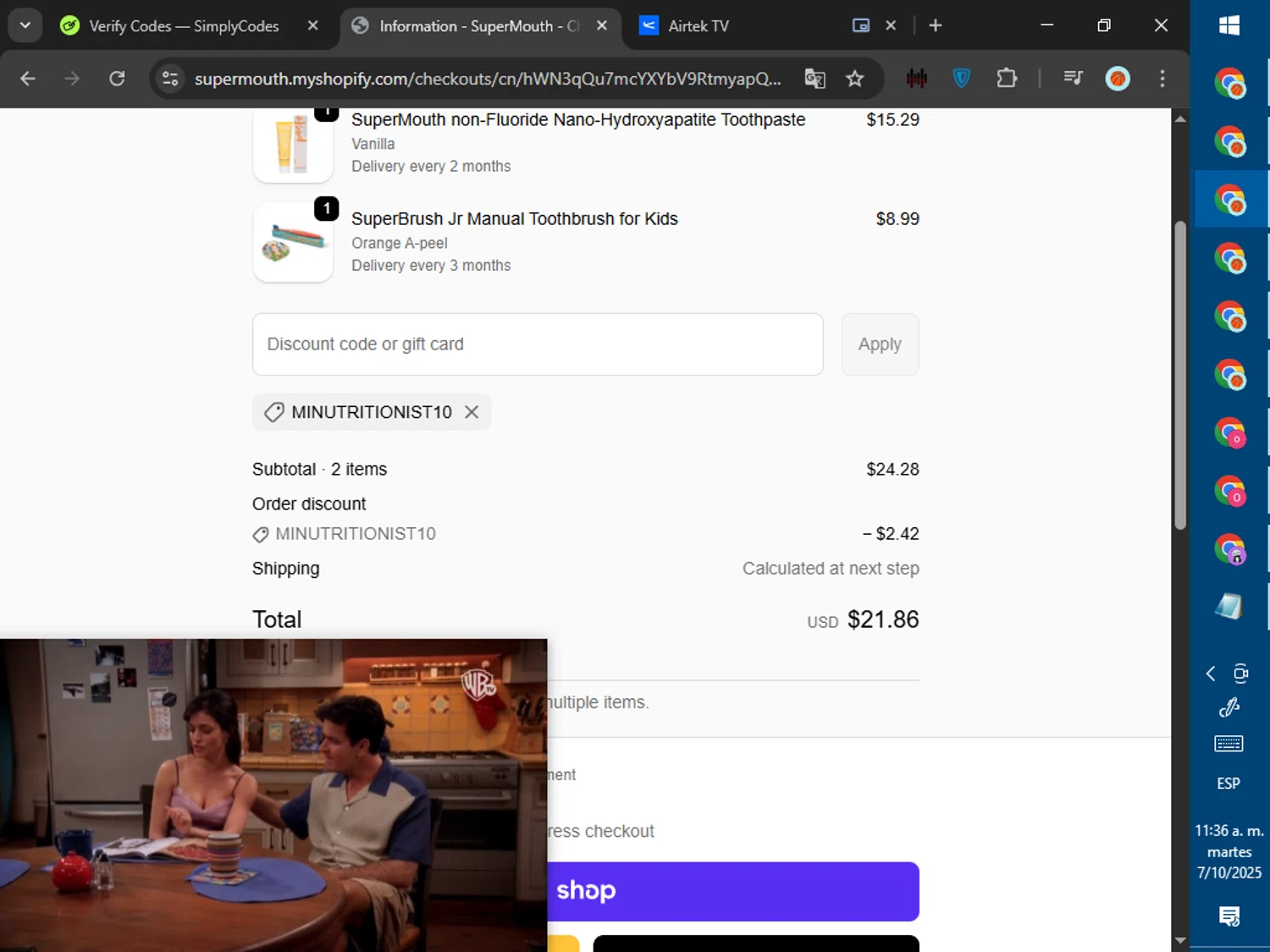SuperMouth discount code screenshot showing code MINUTRITIONIST10 applied at SuperMouth checkout page. Uploaded by SimplyCodes community member ValiantWarden8956 on Oct 7, 2025
