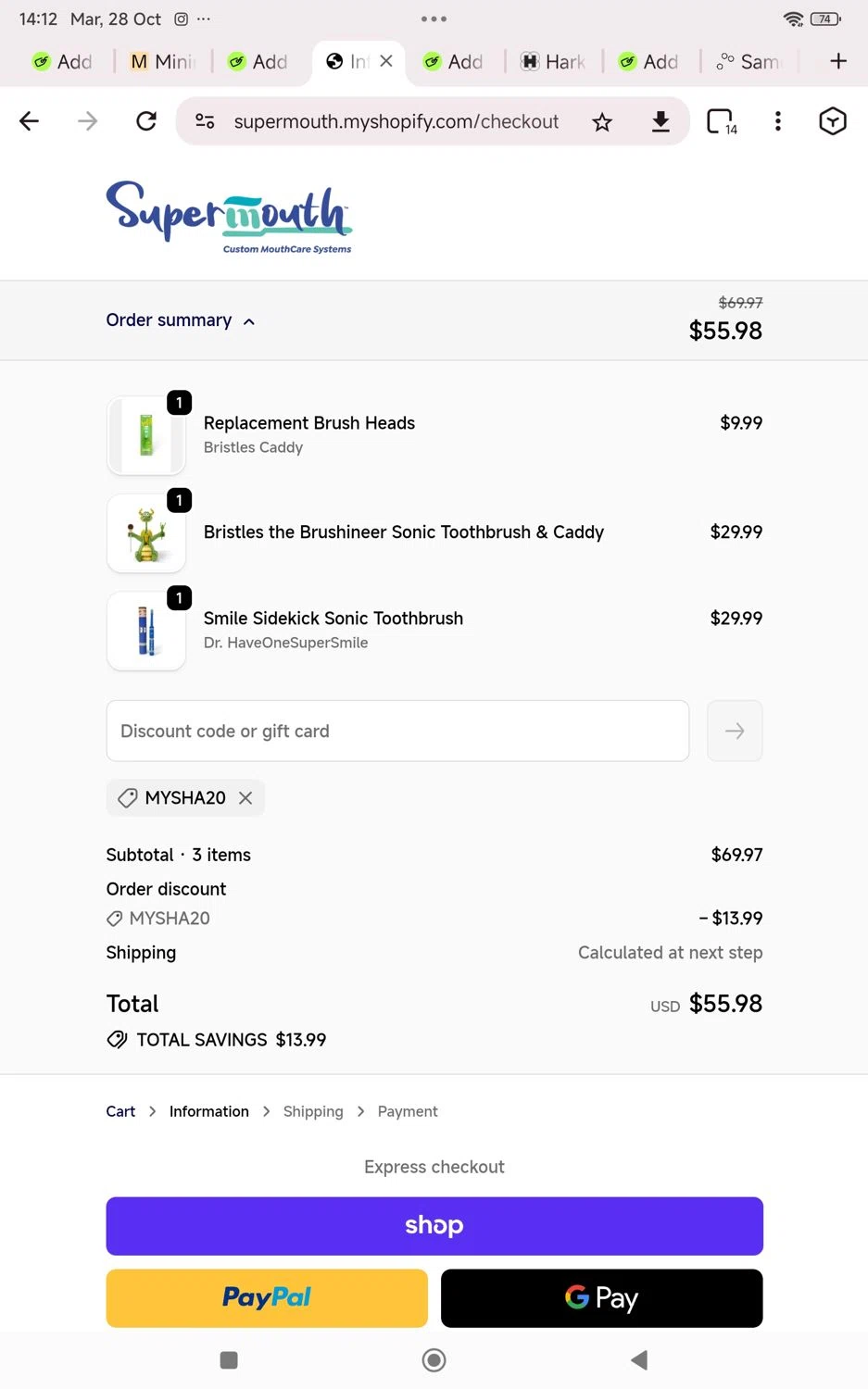 SuperMouth discount code screenshot showing code Mysha20 applied at SuperMouth checkout page. Uploaded by SimplyCodes community member KarinaHZ on Oct 28, 2025