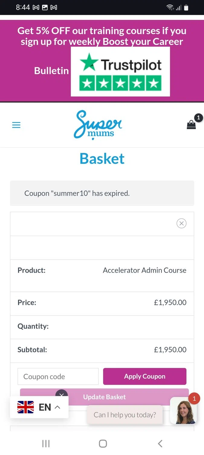 Supermums promo code screenshot showing code Summer10 applied at Supermums checkout page. Uploaded by SimplyCodes community member tulioriera on Aug 21, 2025