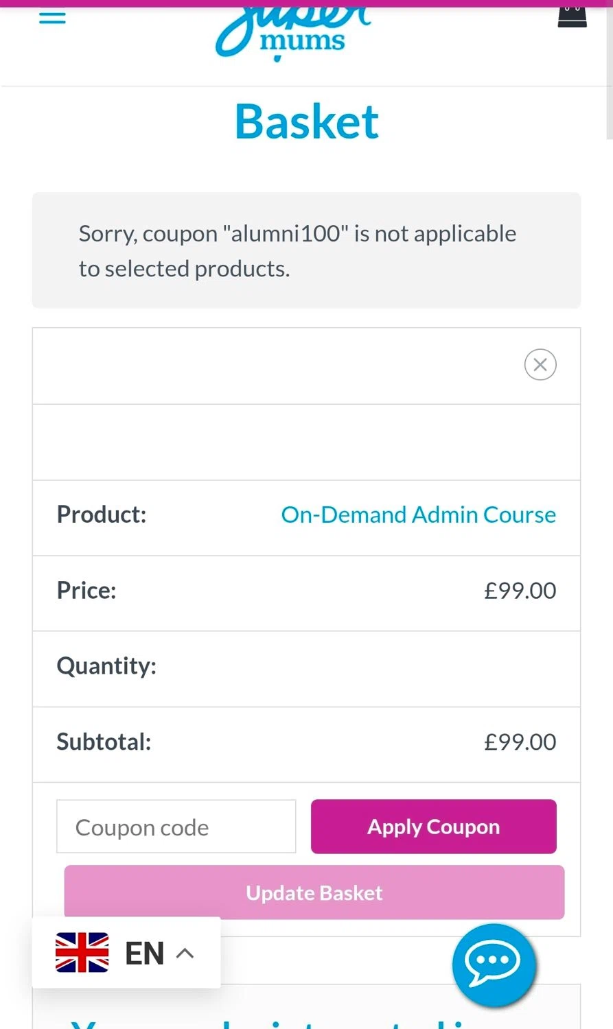 Supermums promo code screenshot showing code Alumni100 applied at Supermums checkout page. Uploaded by SimplyCodes community member WiseCaptain5299 on Feb 27, 2026
