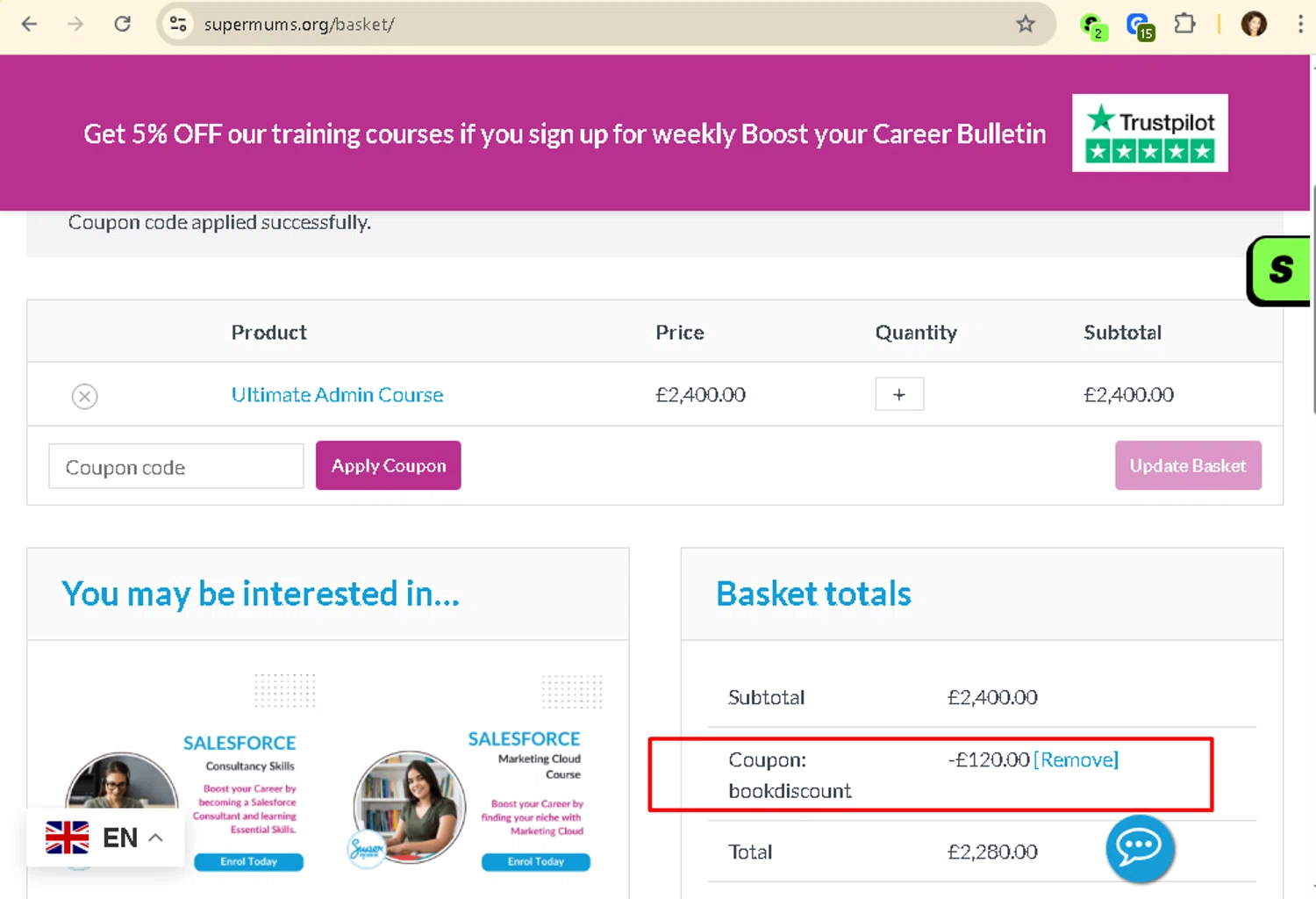 Supermums promo code screenshot showing code BookDiscount applied at Supermums checkout page. Uploaded by SimplyCodes community member AMANDA2681 on Oct 5, 2025