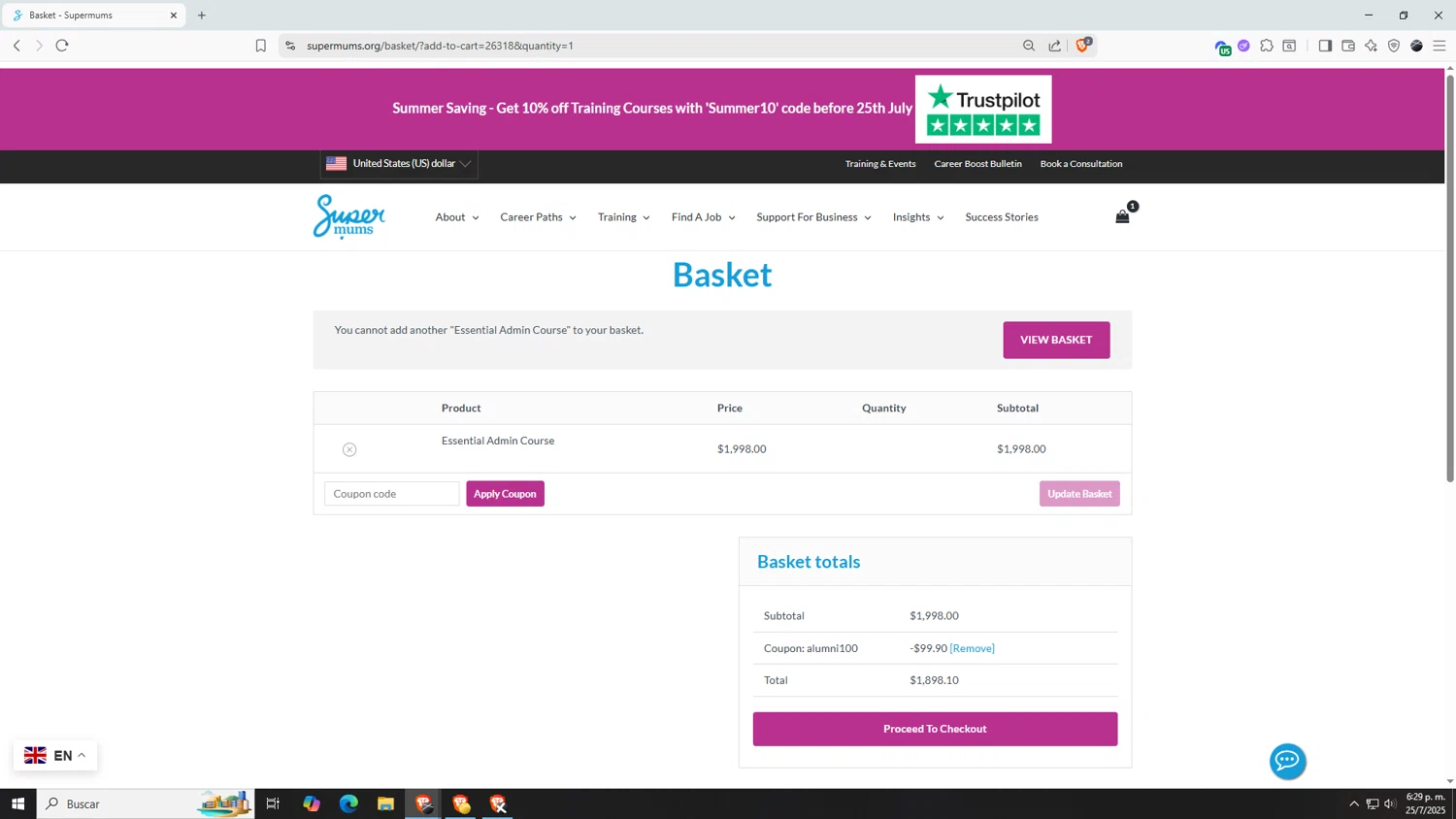 Supermums promo code screenshot showing code Alumni100 applied at Supermums checkout page. Uploaded by SimplyCodes community member AnthonyGTX on Jul 25, 2025