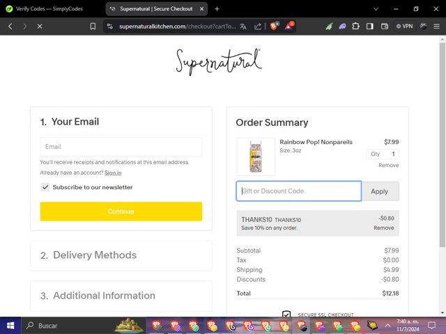 Supernatural Kitchen checkout page showing Supernatural Kitchen discount code box | Screenshot taken by SimplyCodes community member on Jul 11, 2024