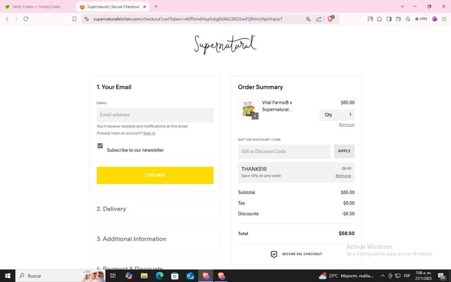 Supernatural Kitchen checkout page showing Supernatural Kitchen discount code box | Screenshot taken by SimplyCodes community member on Jan 27, 2025