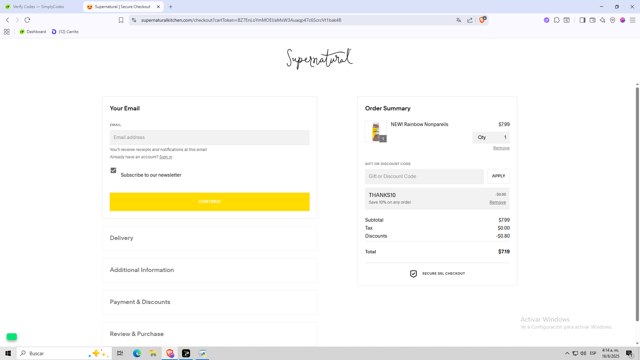 Supernatural Kitchen checkout page showing Supernatural Kitchen discount code box | Screenshot taken by SimplyCodes community member on Aug 16, 2025