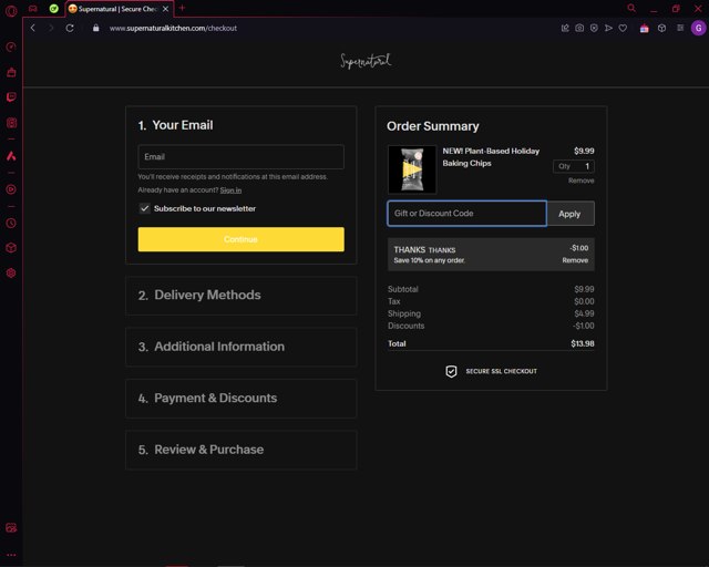 Supernatural Kitchen checkout page showing Supernatural Kitchen discount code box | Screenshot taken by SimplyCodes community member on May 17, 2024