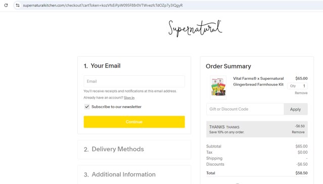 Supernatural Kitchen checkout page showing Supernatural Kitchen discount code box | Screenshot taken by SimplyCodes community member on Dec 3, 2024