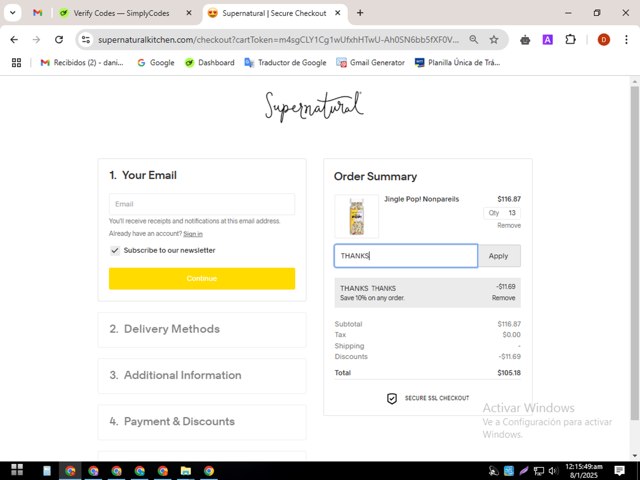 Supernatural Kitchen checkout page showing Supernatural Kitchen discount code box | Screenshot taken by SimplyCodes community member on Jan 8, 2025