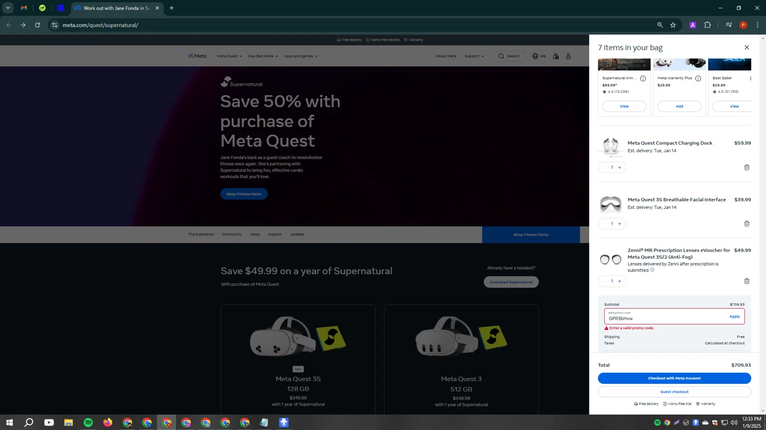 Supernatural VR promo code screenshot showing code GPR3bHvw applied at Supernatural VR checkout page. Uploaded by SimplyCodes community member Isabelle_adjanichamber on Jan 9, 2025