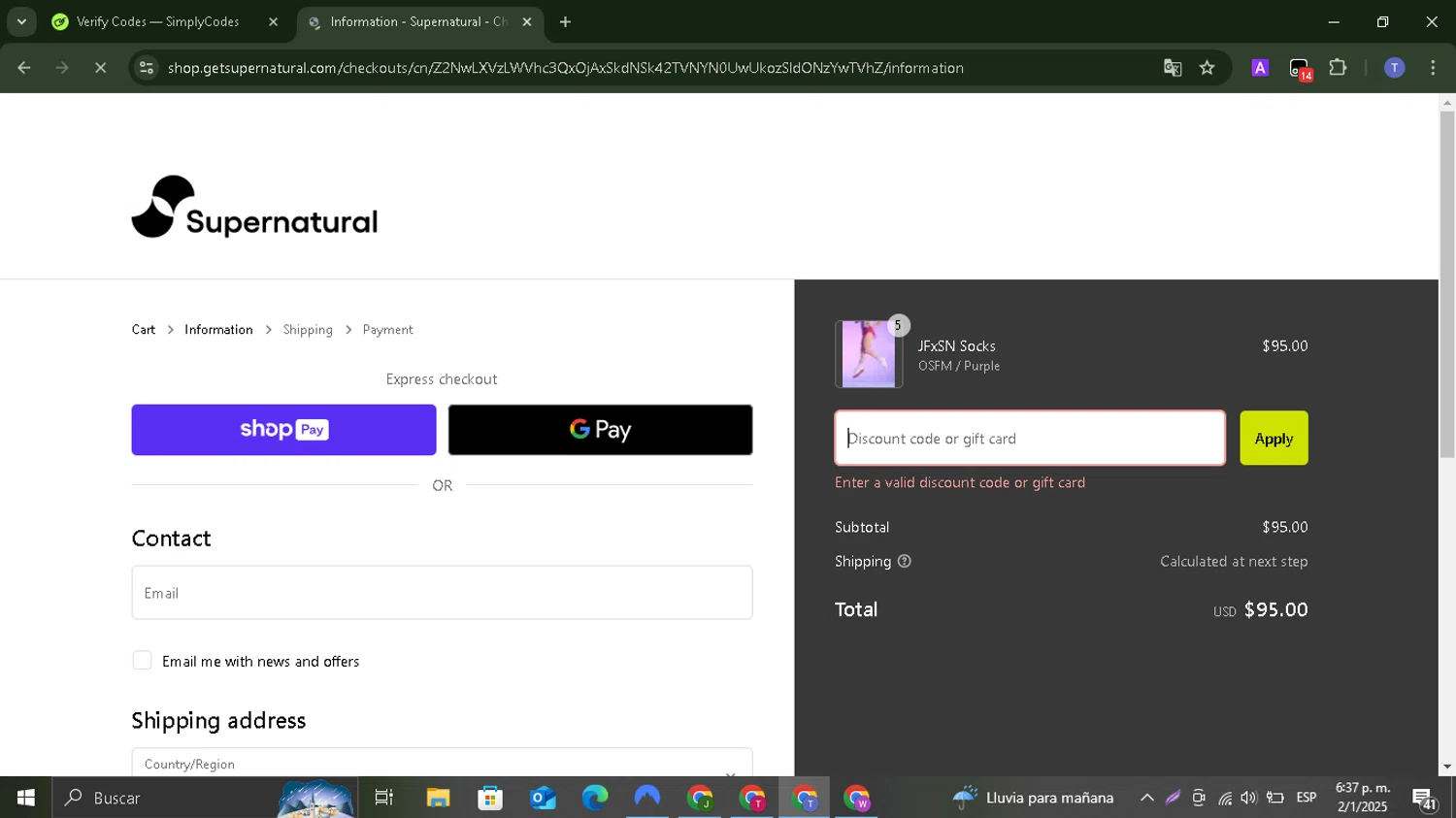 Supernatural VR promo code screenshot showing code GPXZFisQ applied at Supernatural VR checkout page. Uploaded by SimplyCodes community member ShrewdSaver8478 on Jan 2, 2025