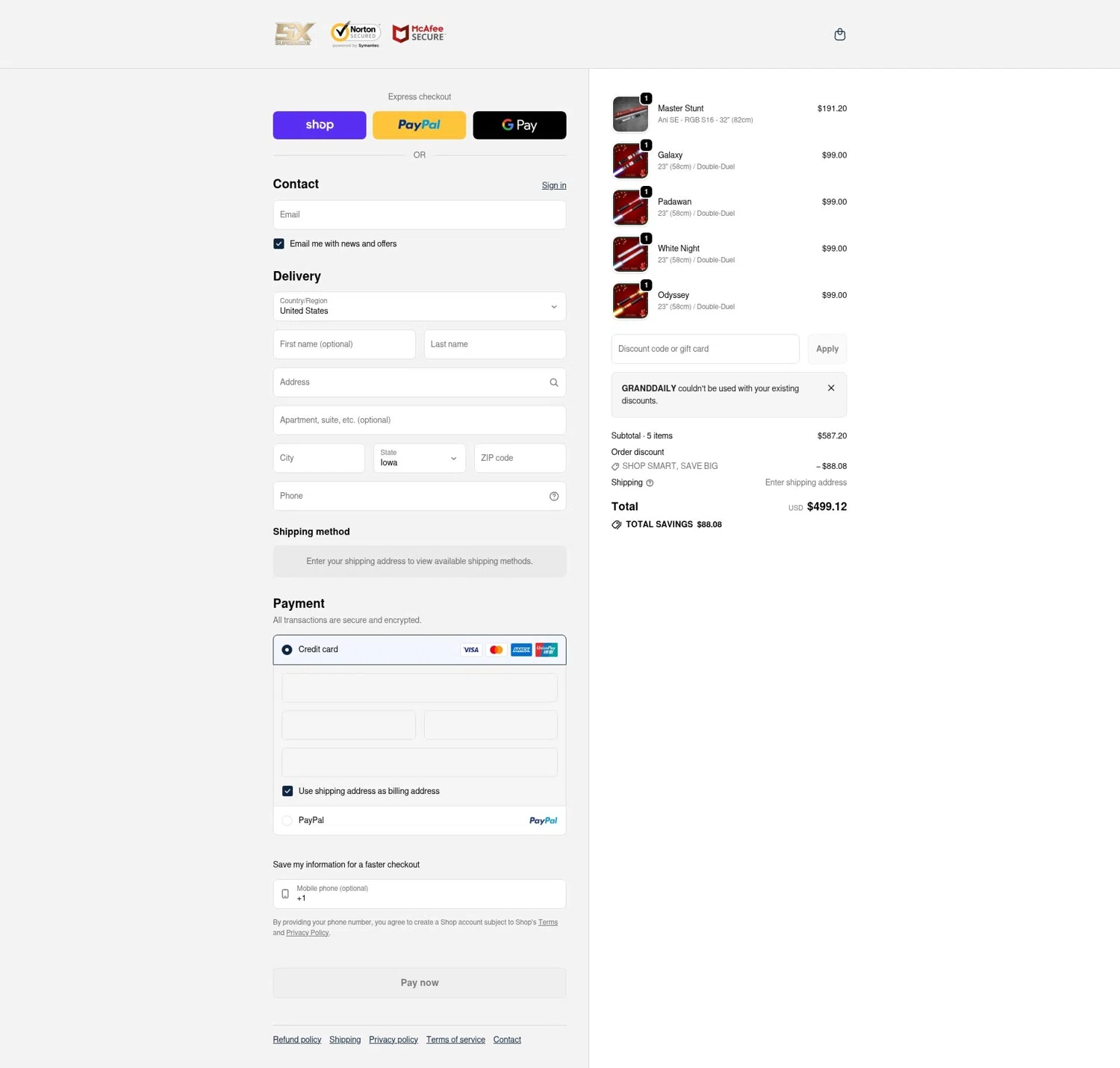 Superneox Lightsabers promo code screenshot showing code GRANDDAILY applied at Superneox Lightsabers checkout page. Uploaded by SimplyCodes community member LOgoter on Feb 4, 2026