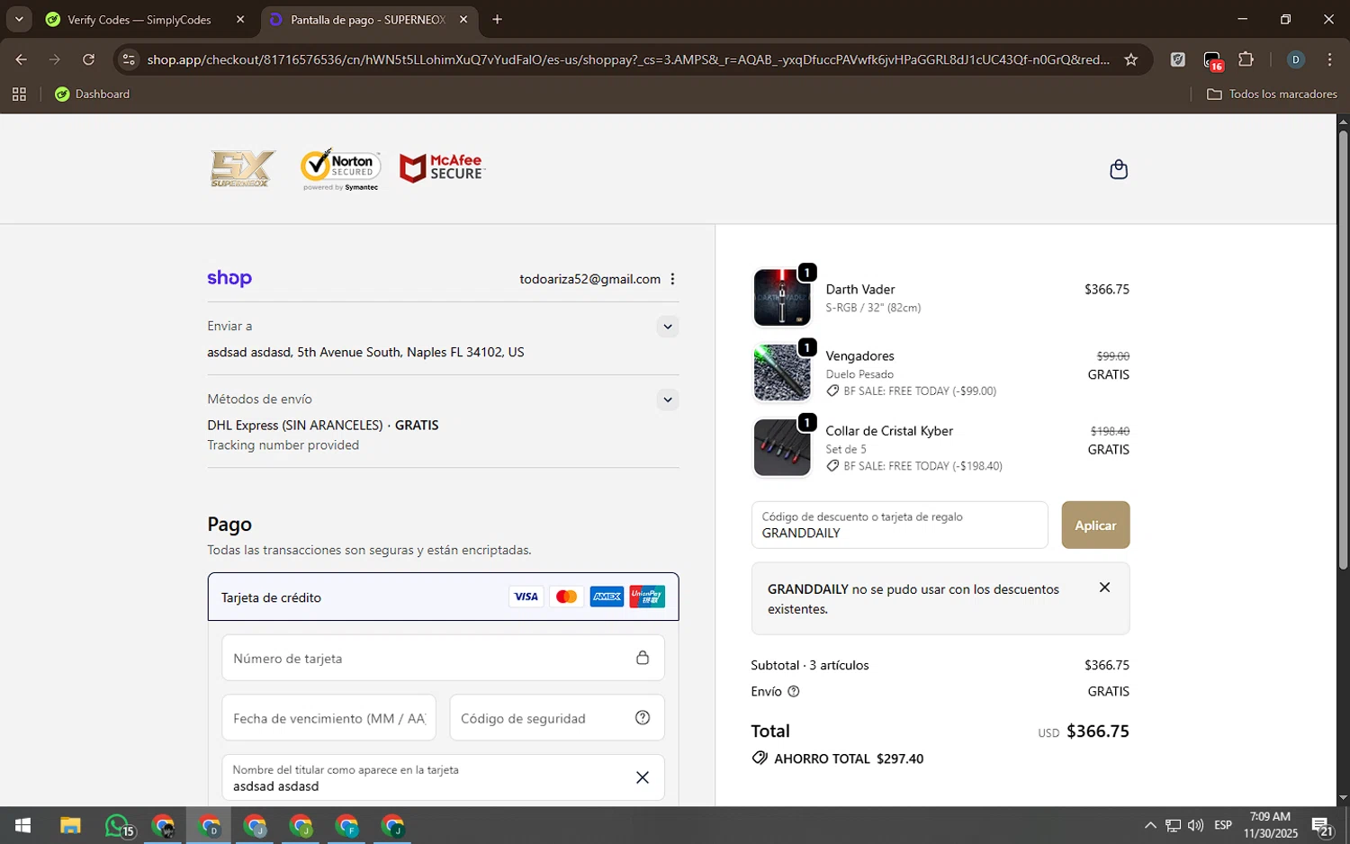 Superneox Lightsabers promo code screenshot showing code GRANDDAILY applied at Superneox Lightsabers checkout page. Uploaded by SimplyCodes community member Rei_Chikita_uwu on Nov 30, 2025