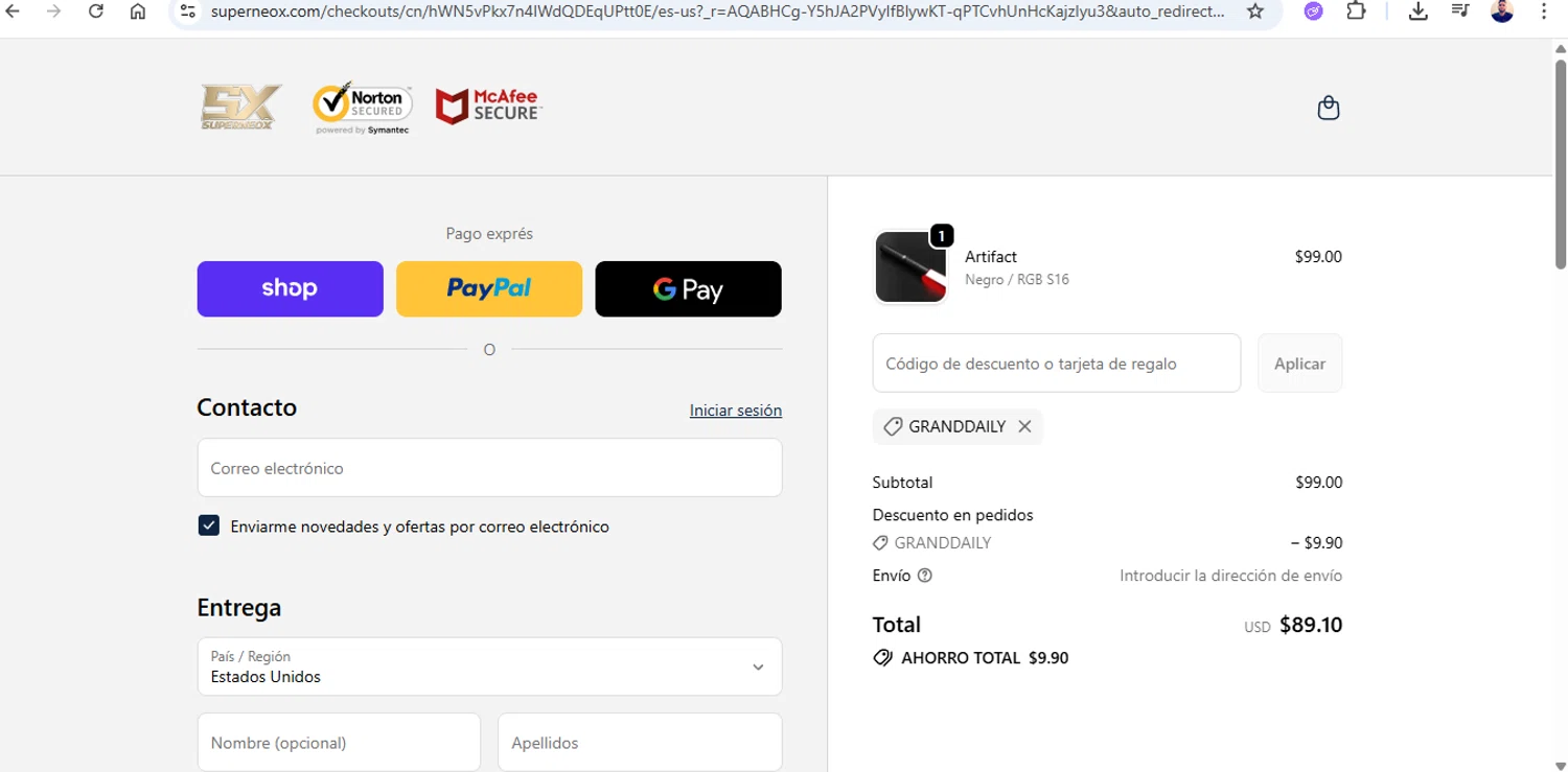 Superneox Lightsabers promo code screenshot showing code GRANDDAILY applied at Superneox Lightsabers checkout page. Uploaded by SimplyCodes community member joseg151520 on Dec 15, 2025