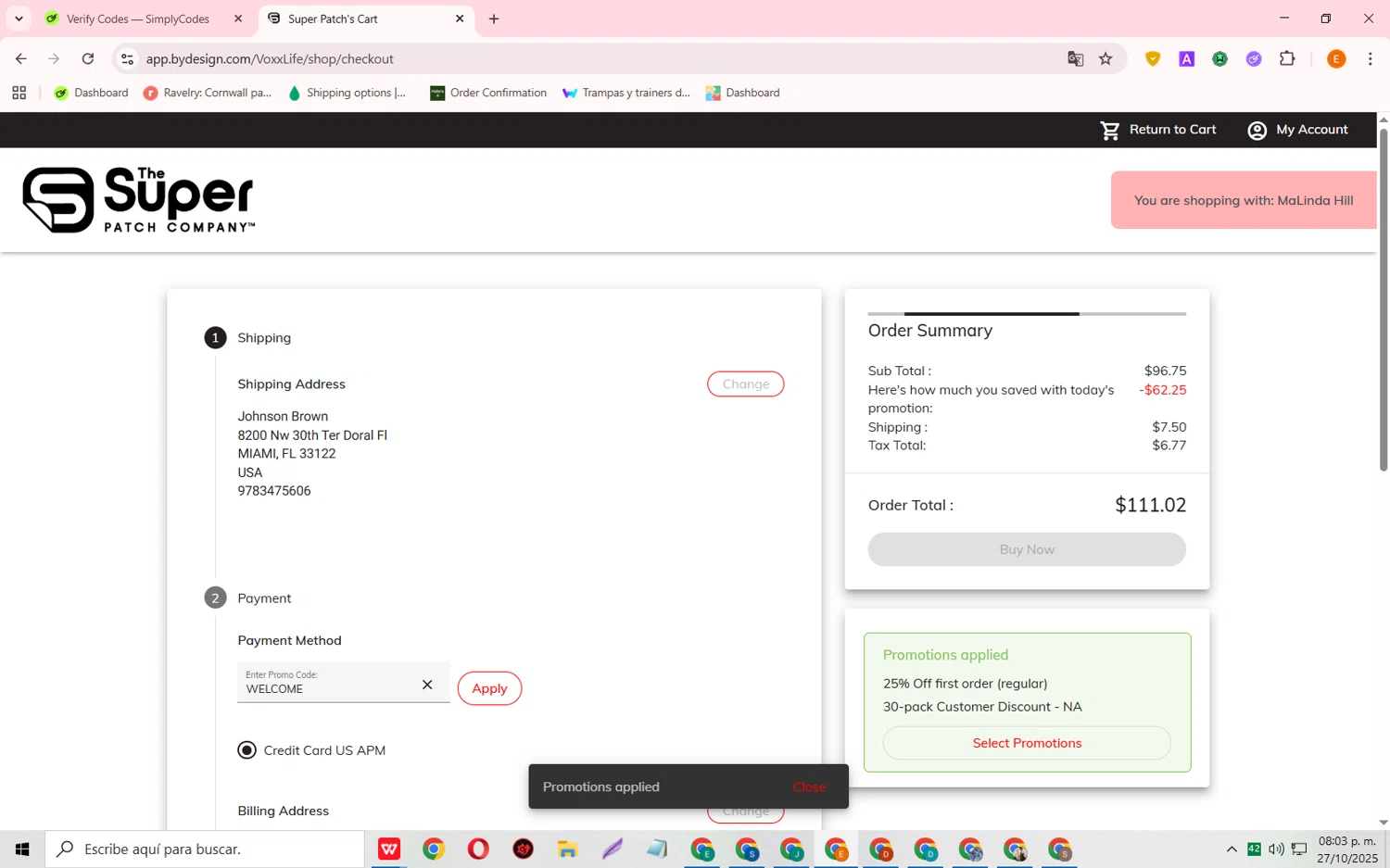 The Super Patch Co promo code screenshot showing code WELCOME applied at The Super Patch Co checkout page. Uploaded by SimplyCodes community member RewardFalcon3197 on Oct 28, 2025