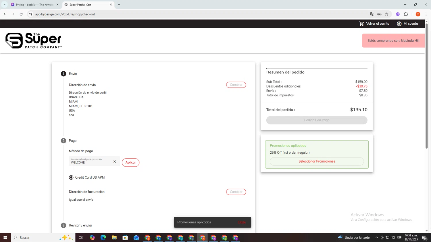 The Super Patch Co promo code screenshot showing code WELCOME applied at The Super Patch Co checkout page. Uploaded by SimplyCodes community member manuelescobar on Nov 20, 2025