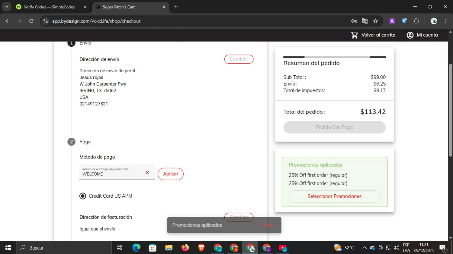 The Super Patch Co promo code screenshot showing code WELCOME applied at The Super Patch Co checkout page. Uploaded by SimplyCodes community member underwater on Dec 9, 2025