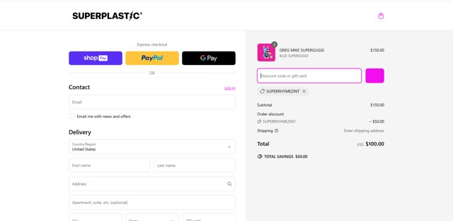 Superplastic checkout page showing Superplastic discount code box | Screenshot taken by SimplyCodes community member on Mar 26, 2025