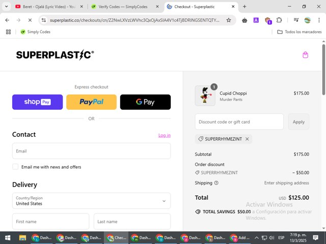 Superplastic checkout page showing Superplastic discount code box | Screenshot taken by SimplyCodes community member on Mar 13, 2025