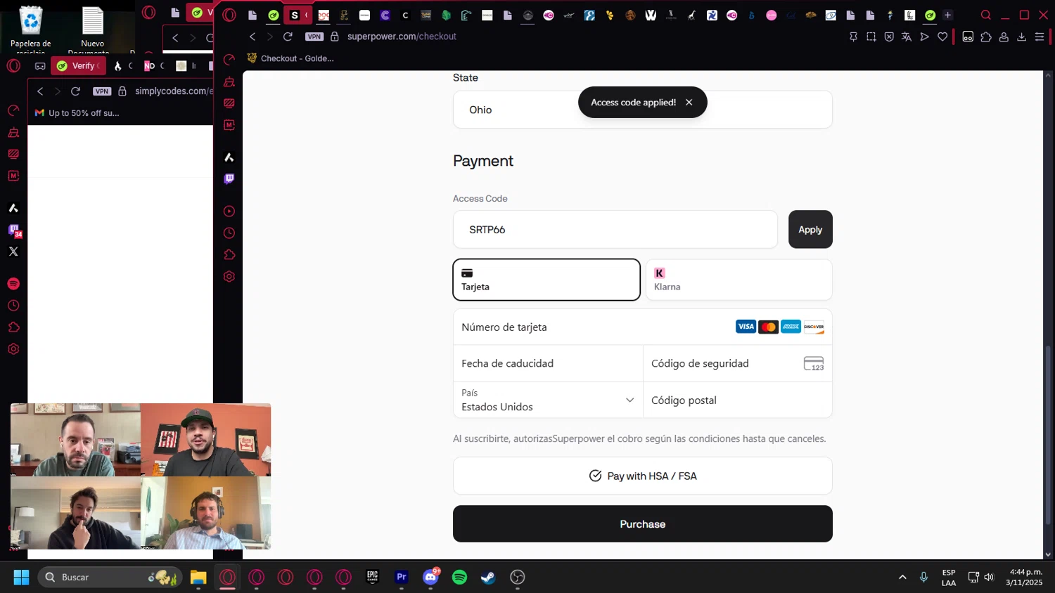 Superpower promo code screenshot showing code SRTP66 applied at Superpower checkout page. Uploaded by SimplyCodes community member Billyyou on Nov 3, 2025