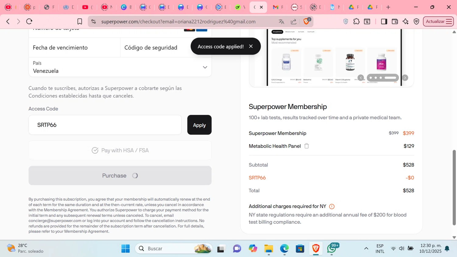 Superpower promo code screenshot showing code SRTP66 applied at Superpower checkout page. Uploaded by SimplyCodes community member Tratala on Dec 10, 2025