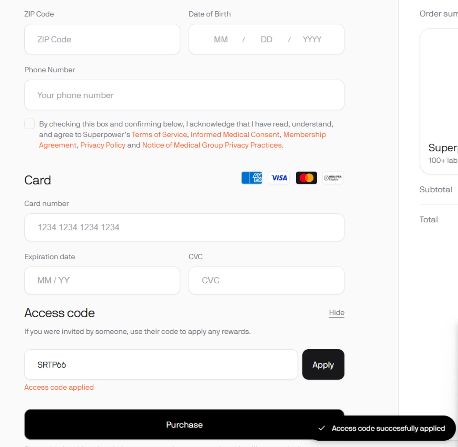 Superpower promo code screenshot showing code SRTP66 applied at Superpower checkout page. Uploaded by SimplyCodes community member Veigarwaton on Oct 6, 2025