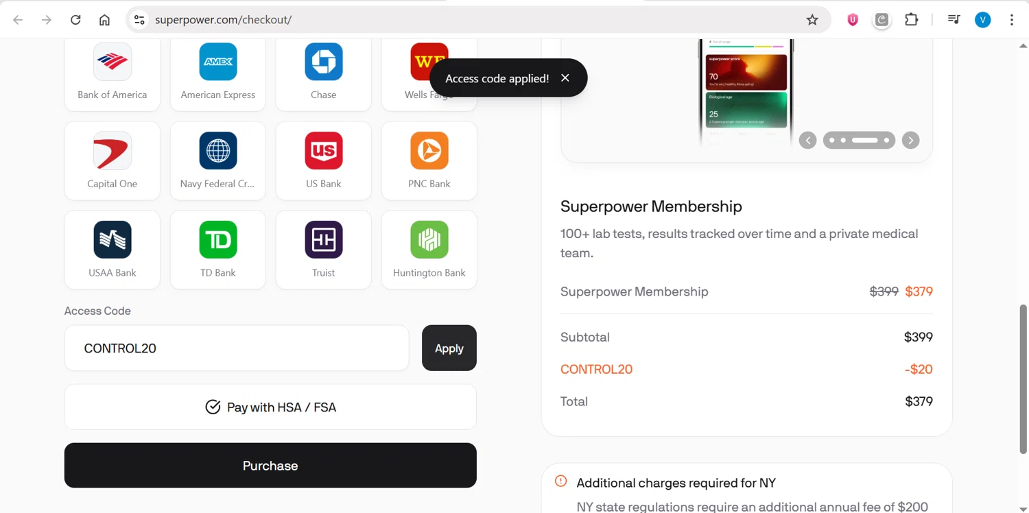 Superpower promo code screenshot showing code CONTROL20 applied at Superpower checkout page. Uploaded by SimplyCodes community member CleverPilot4885 on Nov 14, 2025